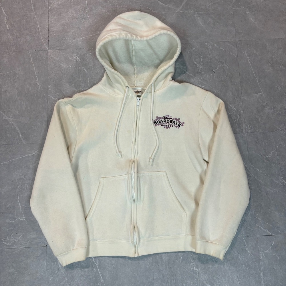 Disney World Boardwalk Resort Zip Up Hoodie Cream Medium Vintage Style 2767
